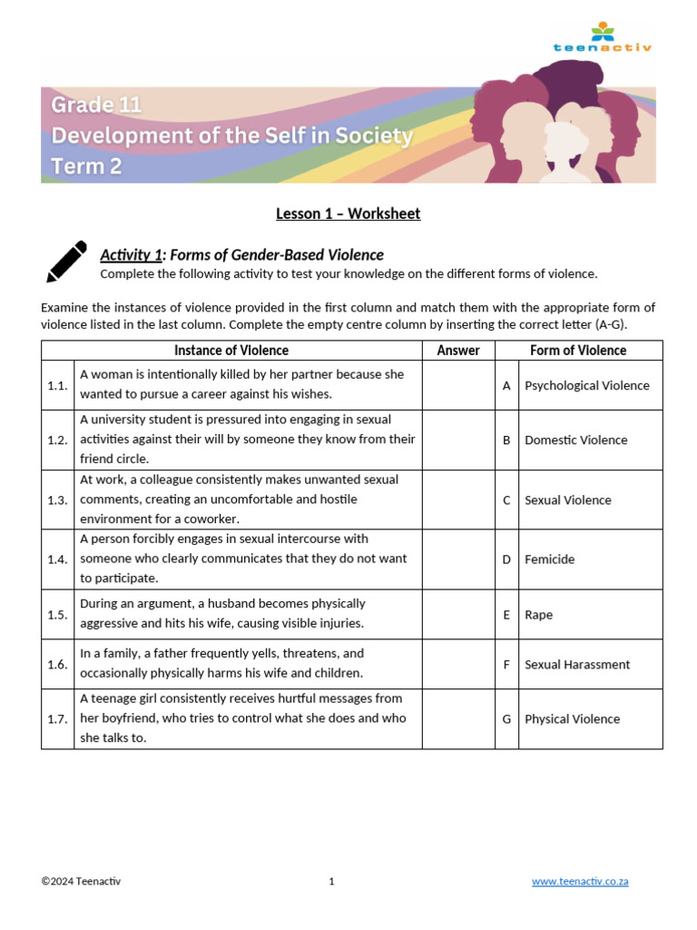 3 Lesson 1 - Worksheet (3) | PDF | Violence | Violence Against Women