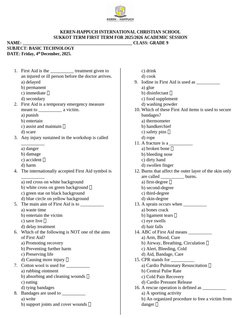 Examination Question Grade 9 Basic Technology | PDF | First Aid | Metals