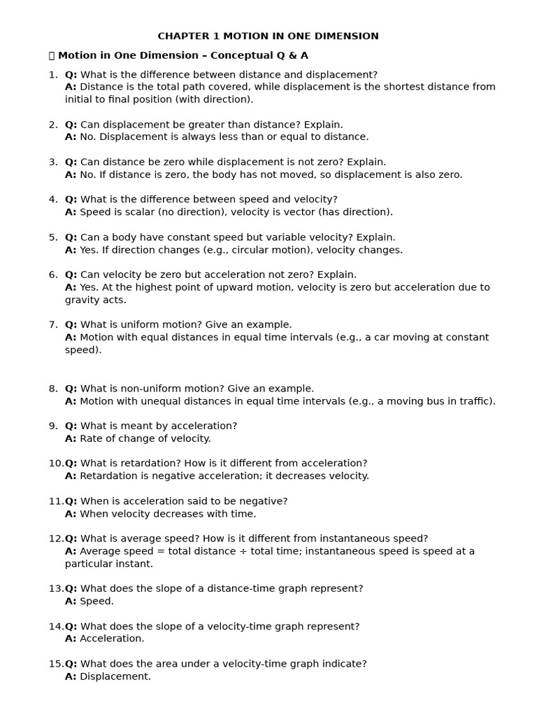 Chapter 1 Motion in One Dimension Question Bank | PDF | Acceleration ...