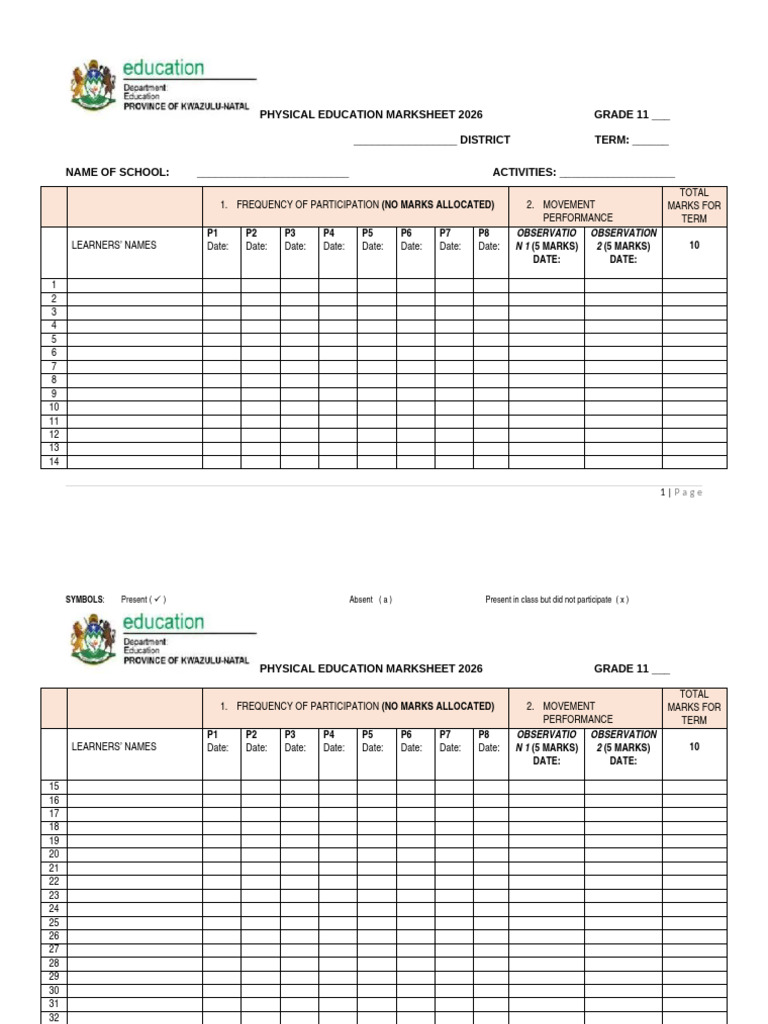 PE MARKSHEET GRADE 11 | PDF