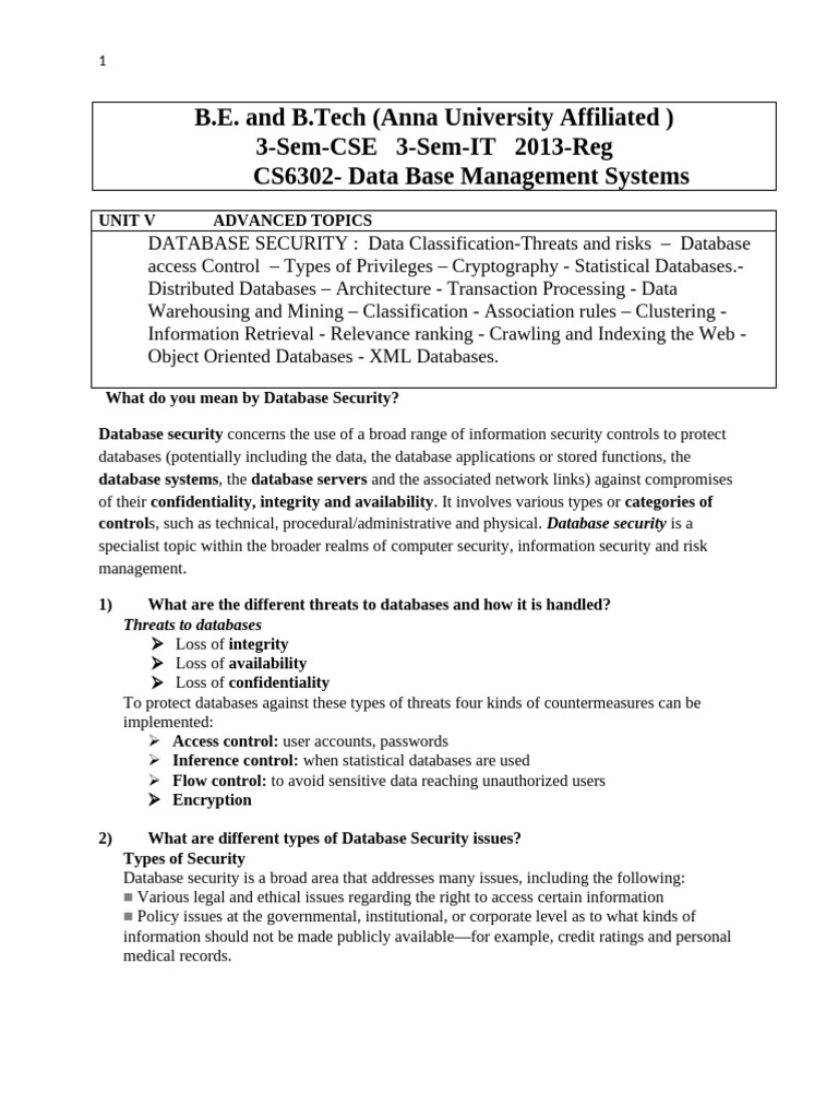 Cs6302 Dbms Unit v Notes | PDF | Key (Cryptography) | Public Key ...