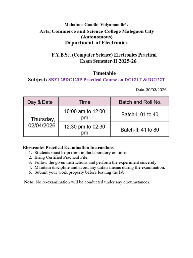 Electronics SEM-II Practical Exam Time Table | PDF