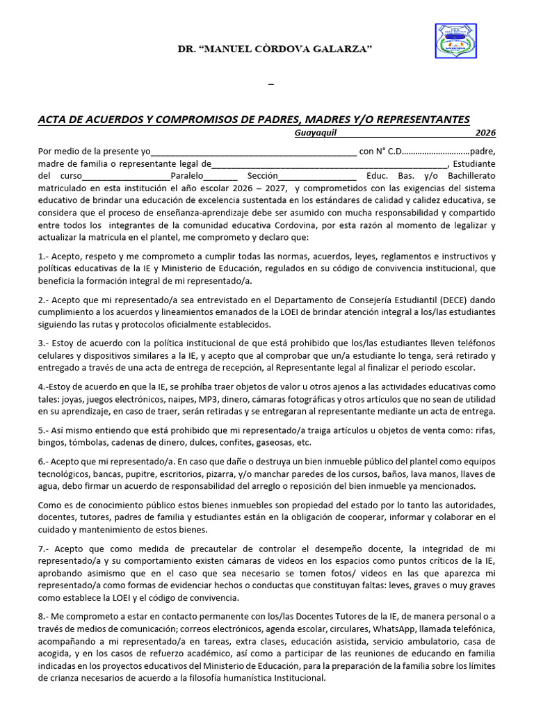 Acta de Acuerdos y Compromisos de Padres 2026-2027 | PDF