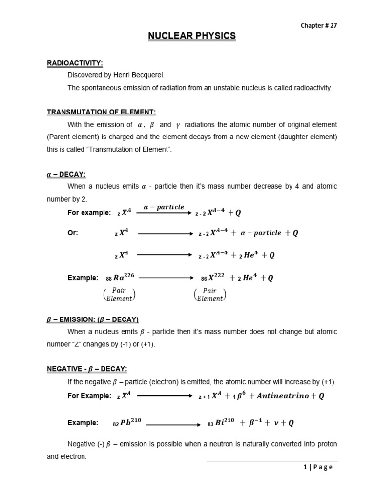 Ch # 27 Nuclear Physics Notes | PDF | Nuclear Reactor | Radioactive Decay