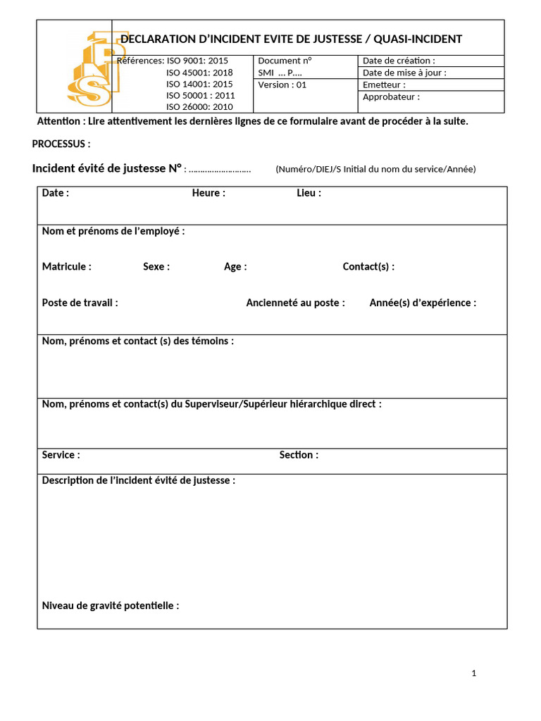 Déclaration D'incident Évité de Justesse | PDF