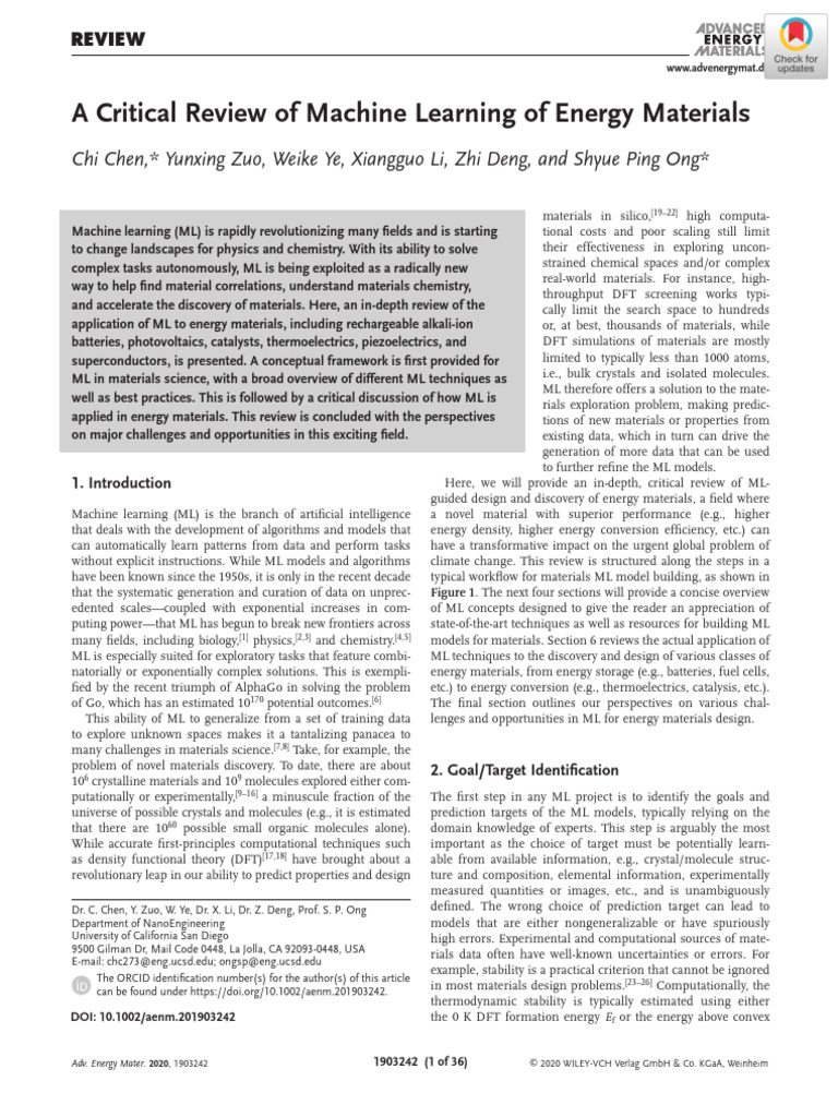 A Critical Review of Machine Learning of Energy Materials | PDF ...