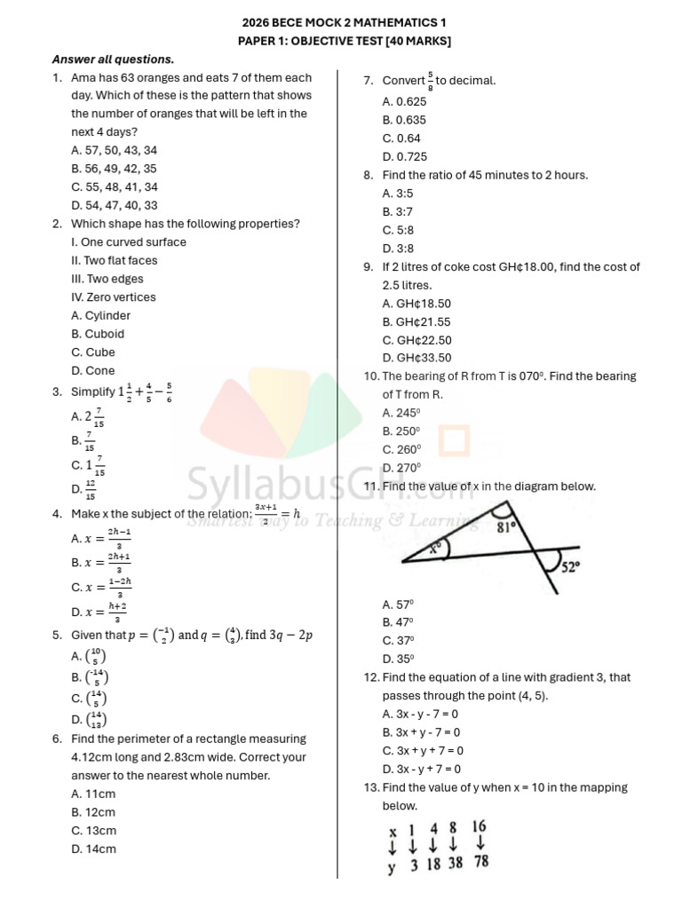 2026 Bece Mock 2 Mathematics 1 | PDF | Geometry