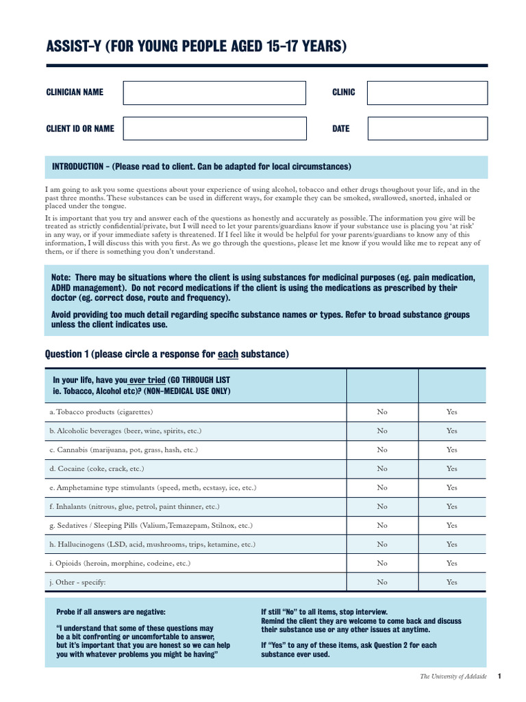 UoA 036 ASSIST-Y 15-17yo Questionnaire (With Live Fields) | PDF | Drugs ...