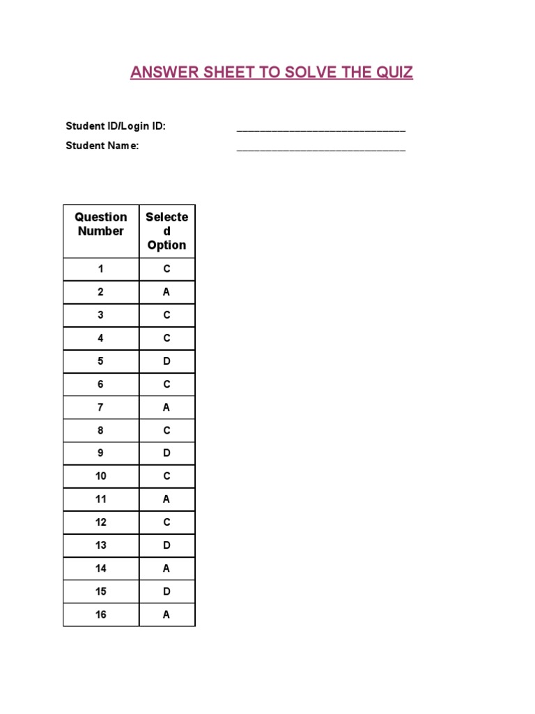 Answer Sheet To Solve The Quiz: Number Selecte D Option | PDF | Career ...