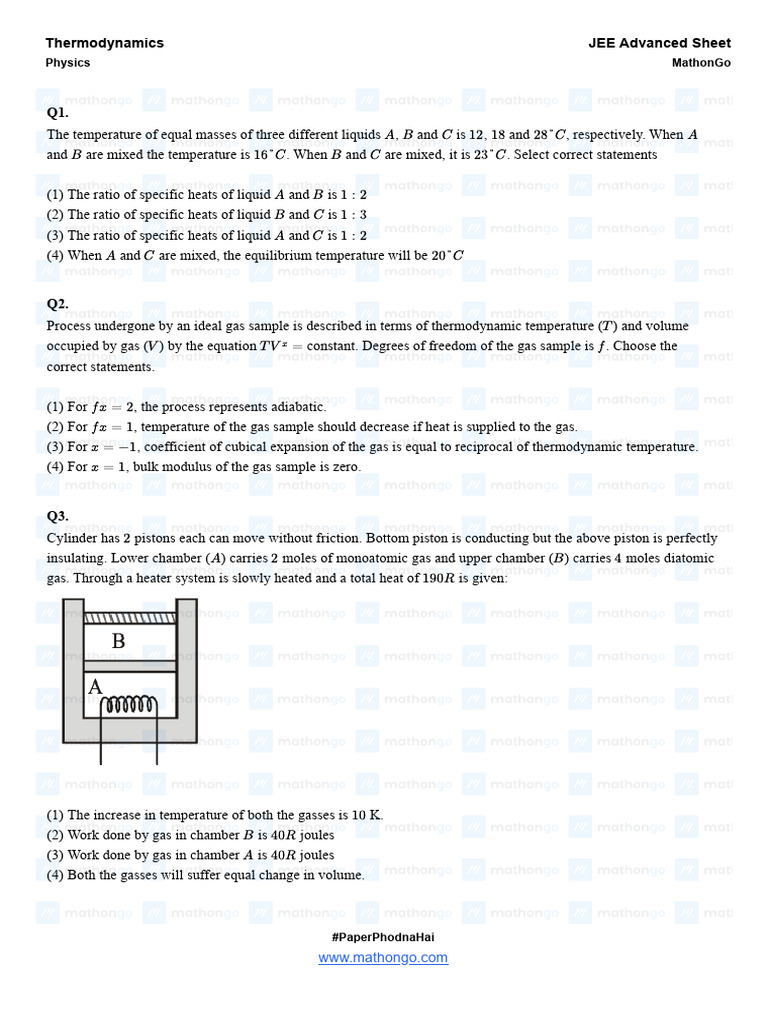 Thermodynamics - JEE Advanced Sheet - MathonGo | PDF | Temperature | Gases