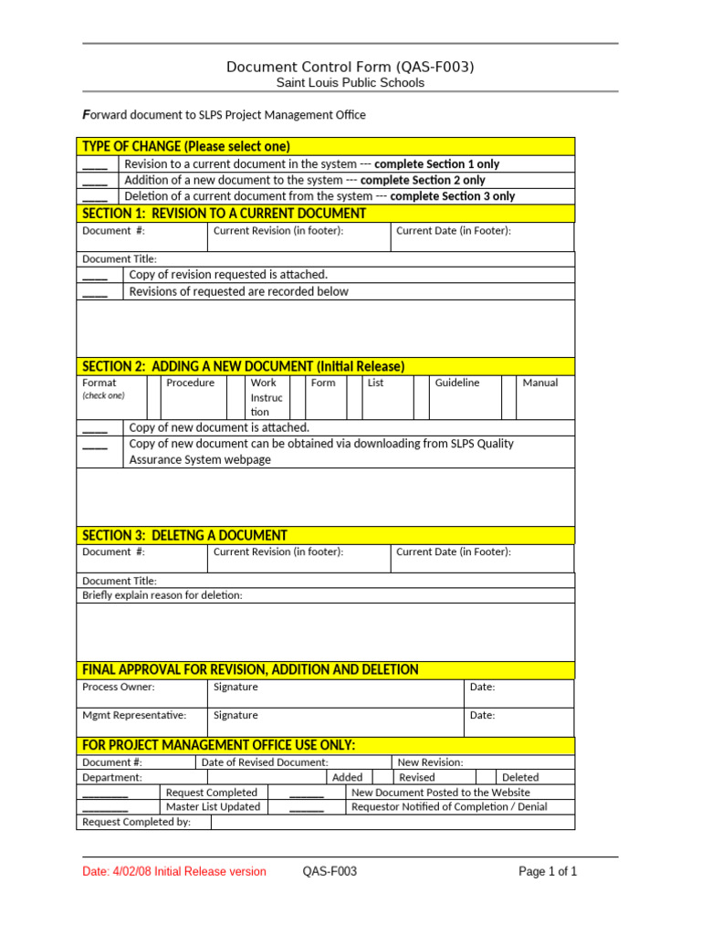 QAS F003 Document Control Form (2) | PDF