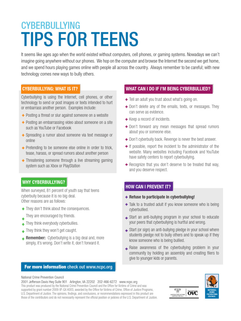 NCPC Cyberbullying TipSheet TipsForTeens | PDF | Cyberbullying | Bullying