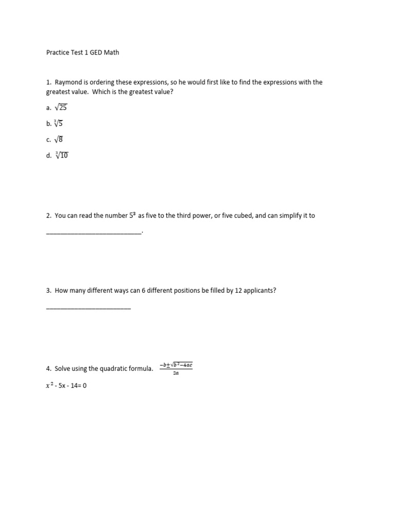Practice Math Test 1 | PDF | Quadratic Equation | Elementary Mathematics