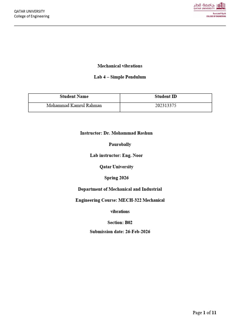 Lab 4 Simple Pendulum Report Submission | PDF | Pendulum | Gravity