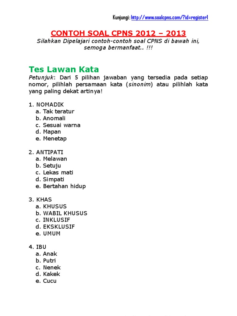 Soal Tes Cpns Tahun 2012 2013