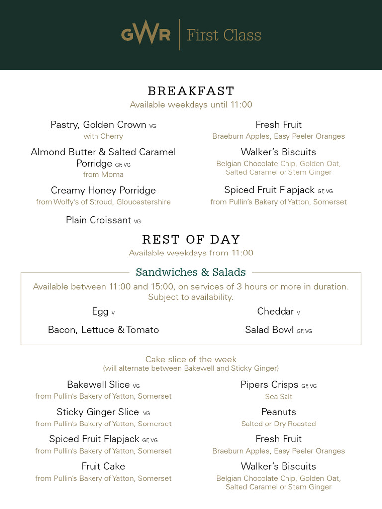 GWR First Class Menu 2025 | PDF | Pancake | Drink