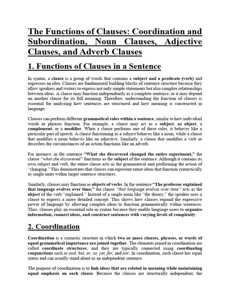 The Functions of Clauses Coordinate and Subordinate | PDF | Clause ...