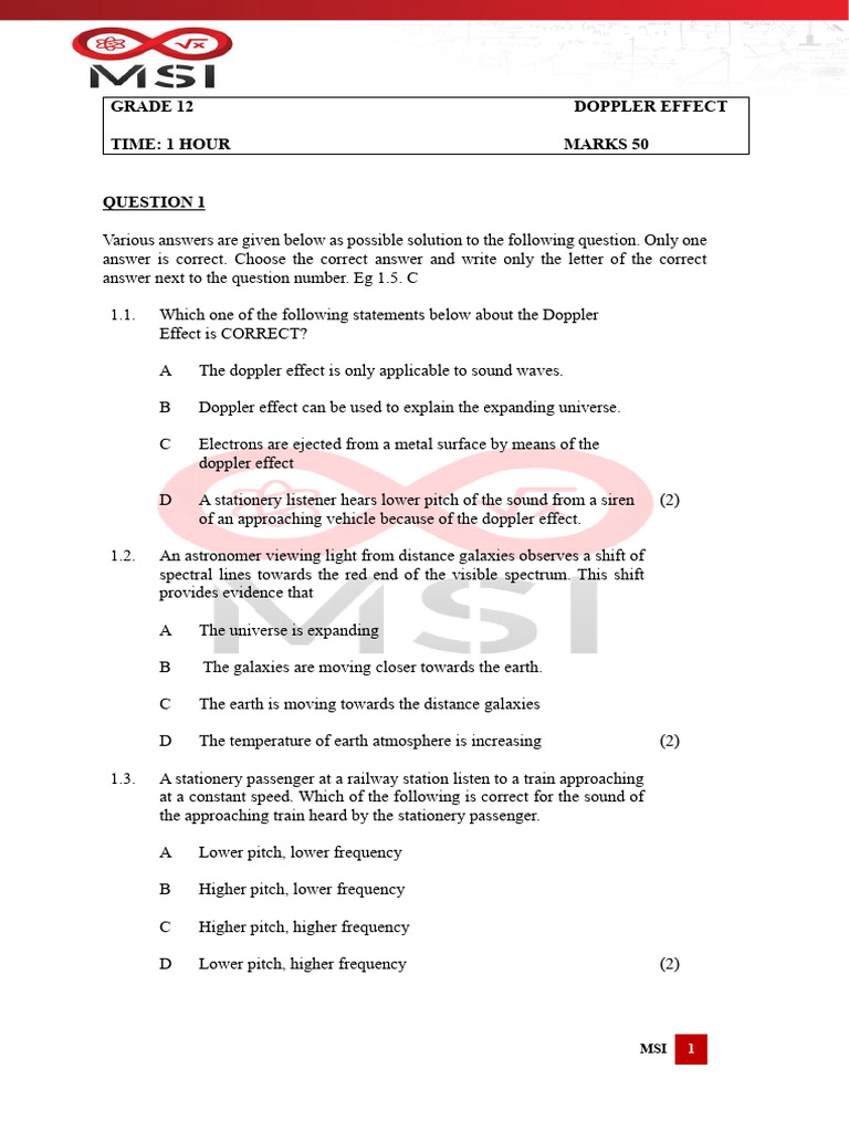 DOPPLER EFFCT TEST GRADE 12 | PDF | Doppler Effect | Sound