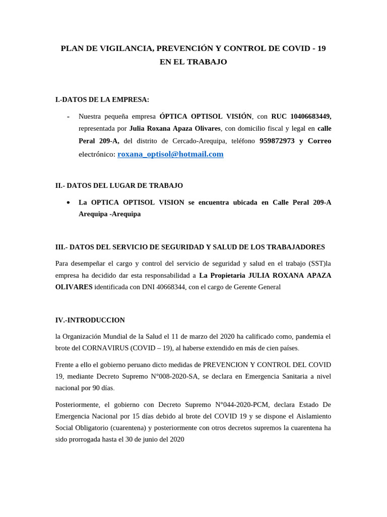 Plan de Vigilancia, Prevencion y Control de Covid 19 en El Trabajo ...