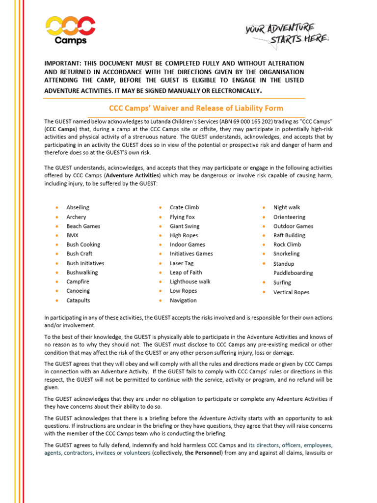 CCC Camps Waiver Fillable Form | PDF | Indemnity | Common Law