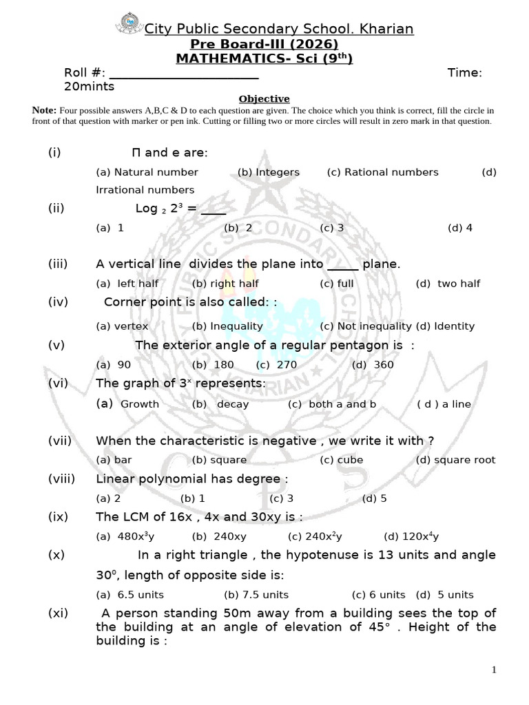 Mathematics 9th Pre Board 3 | PDF | Mathematics | Elementary Mathematics