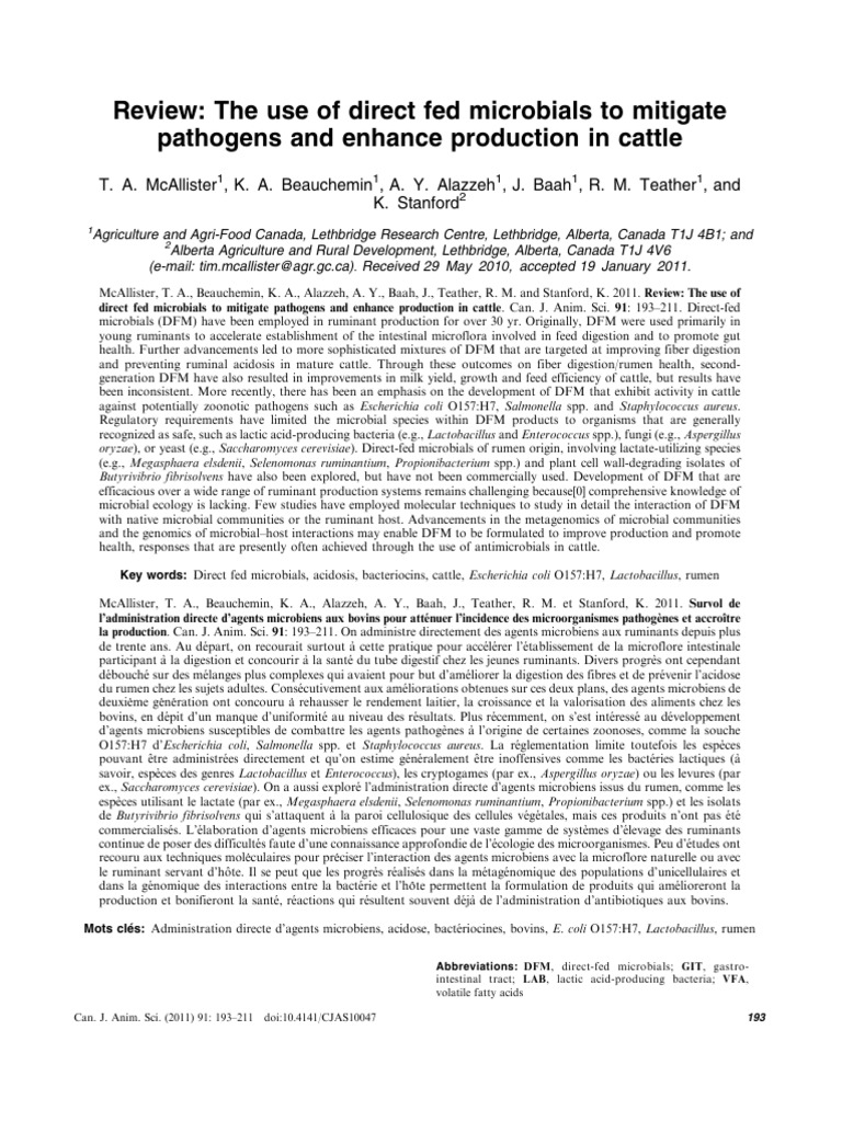 Mcallister Et Al 2011 Review the Use of Direct Fed Microbials to ...