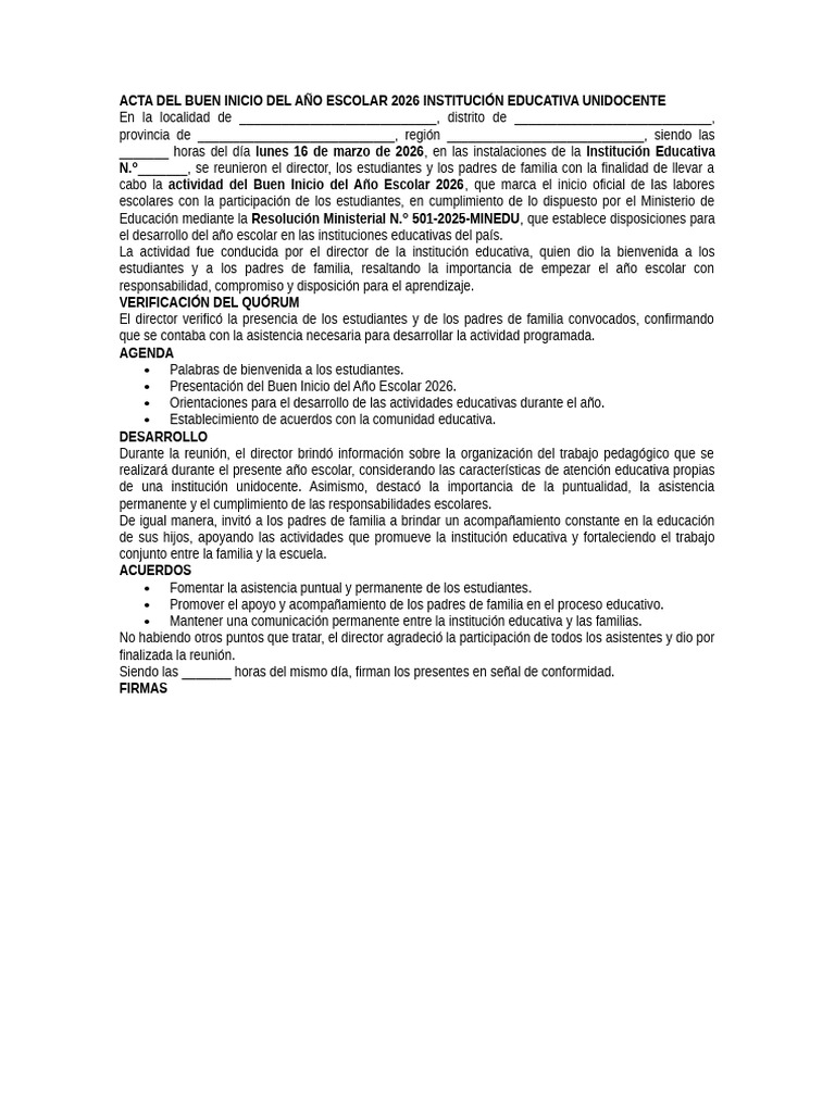 Acta Del Buen Inicio Del Año Escolar 2026 Institución Educativa ...