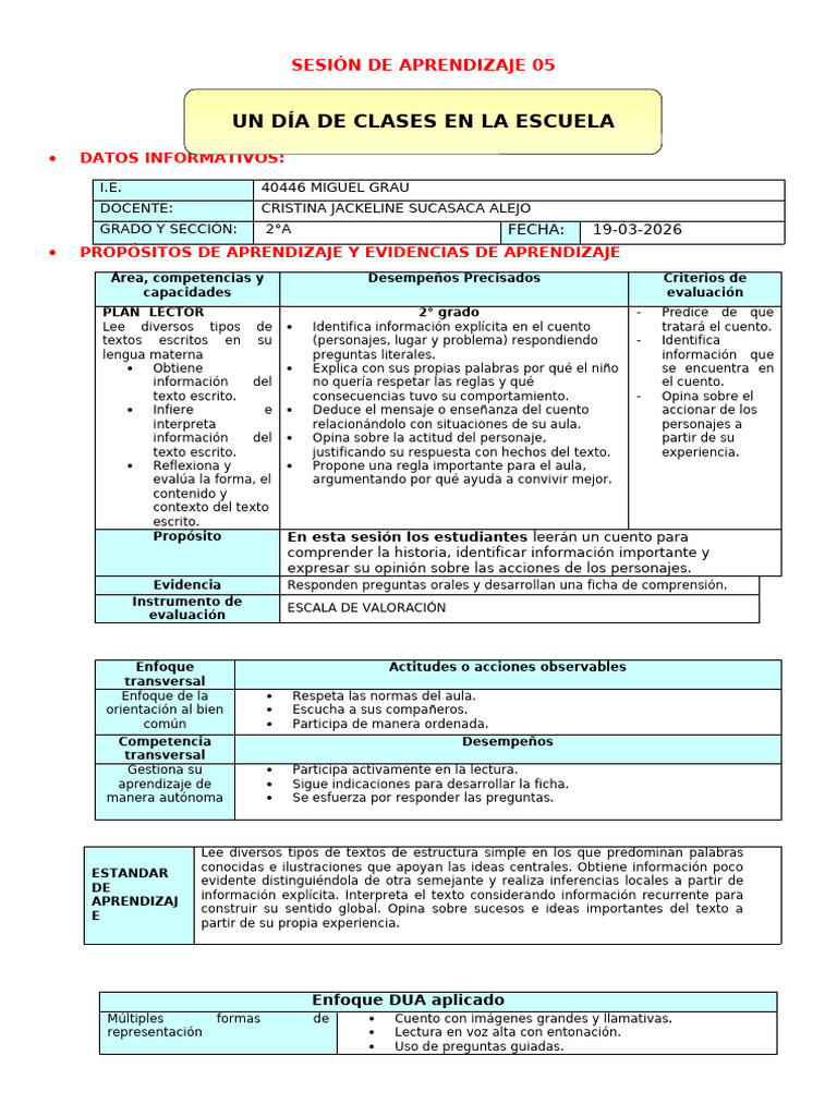 Sesión 05 Plan Lector Un Día de Clases en La Escuela | PDF ...