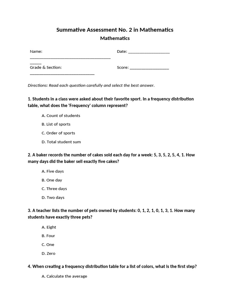 Assessment Summative Assessment No 2 in Mathematics | PDF