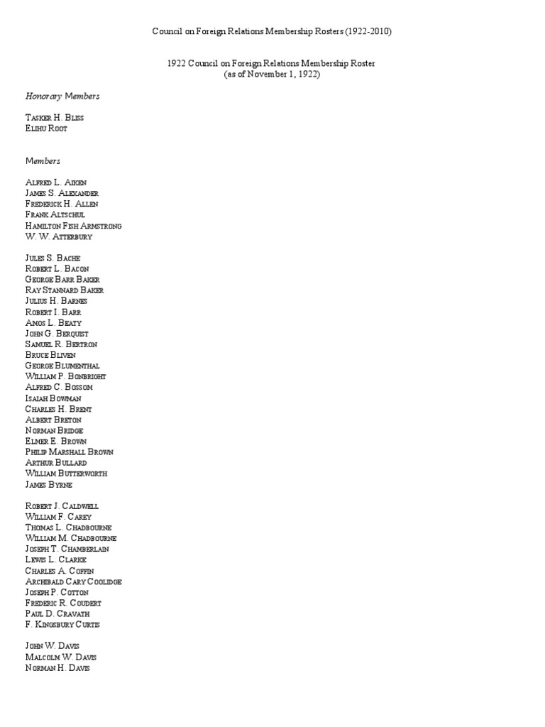 Council On Foreign Relations Membership Roster - 1922-2010 | PDF