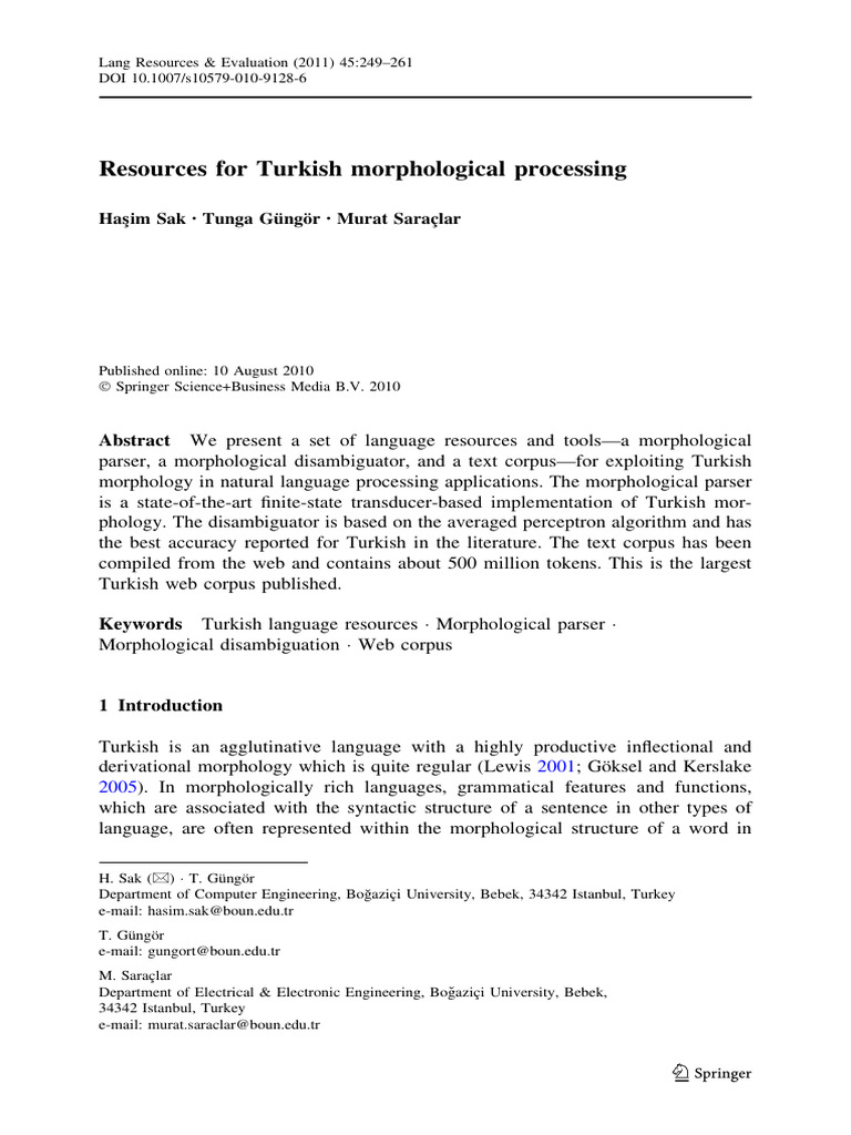 Resources for Turkish Morphological Processing | PDF | Morphology ...
