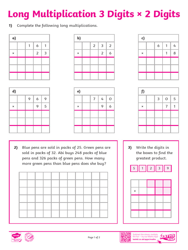 t2 m 1457 Long Multiplication Practice 3 Digits x 2 Digits Ver 6 | PDF ...
