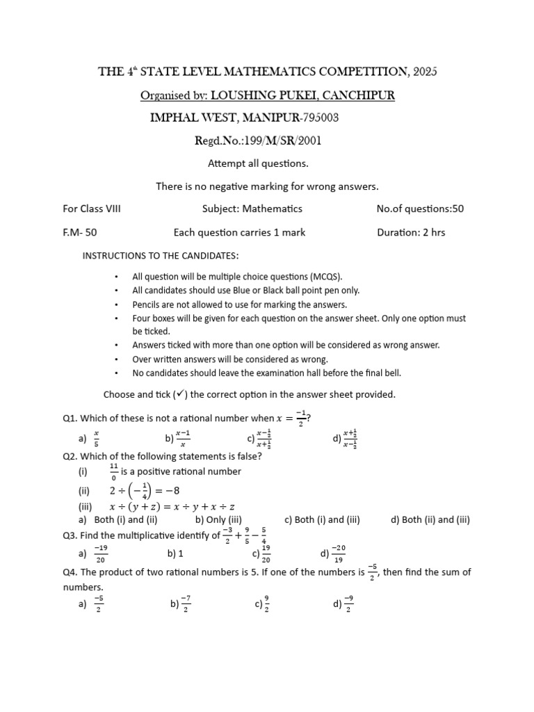 Classviii_the 4th State Level Mathematics Competition-1 | PDF