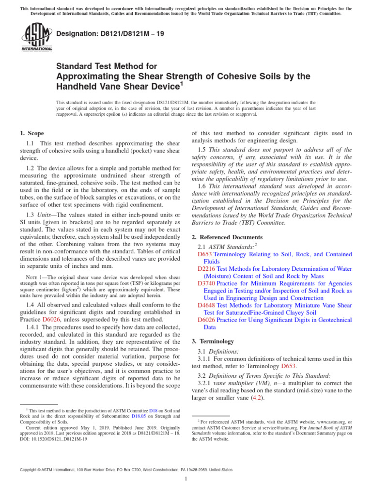 D 8121 - D 8121M - 19 - Torvane | PDF | Lever | Calibration