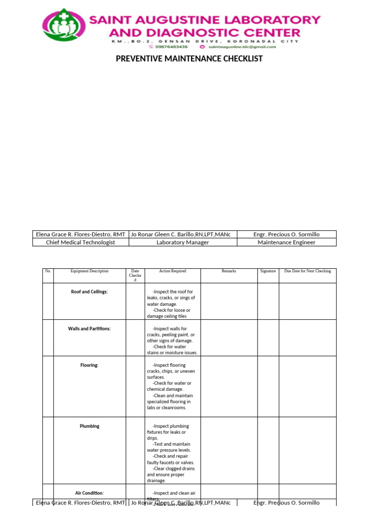 Preventive Maintenance Checklist | PDF | Tools | Equipment