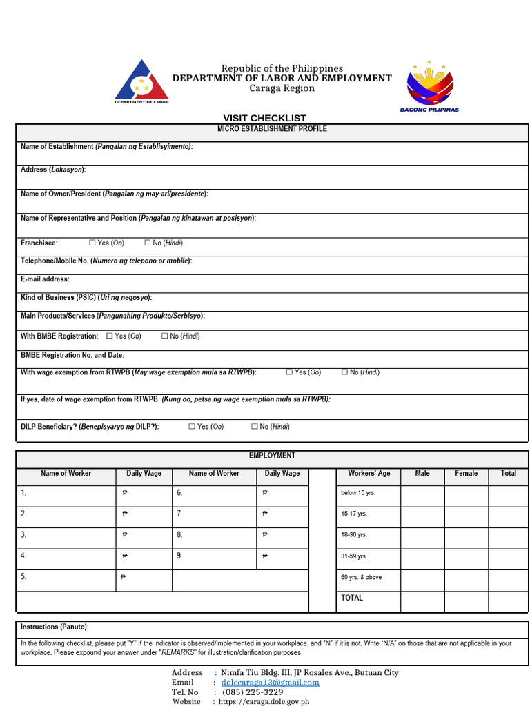 3 TAV Form 1 - Visit Checklist | PDF | Labor Relations | Business