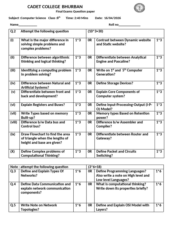 Annual Computer Class 8th Subjective | PDF | Computer Network ...
