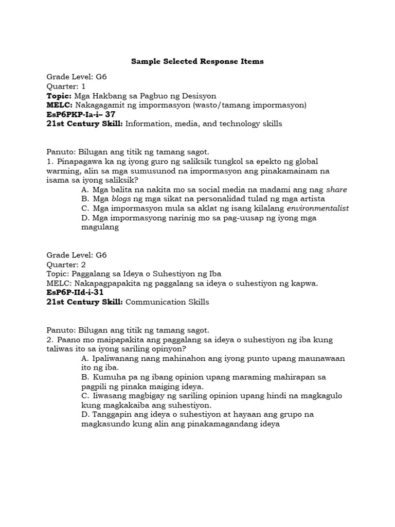Modified_Sample Selected Response Test | PDF