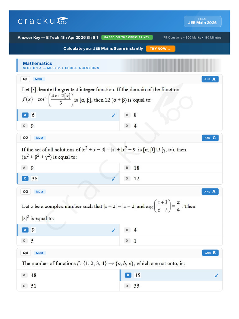 4th April Shift 1 Answer Key | PDF | Multiple Choice | Survey Methodology