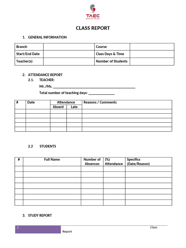 C1. Class Report Template | PDF