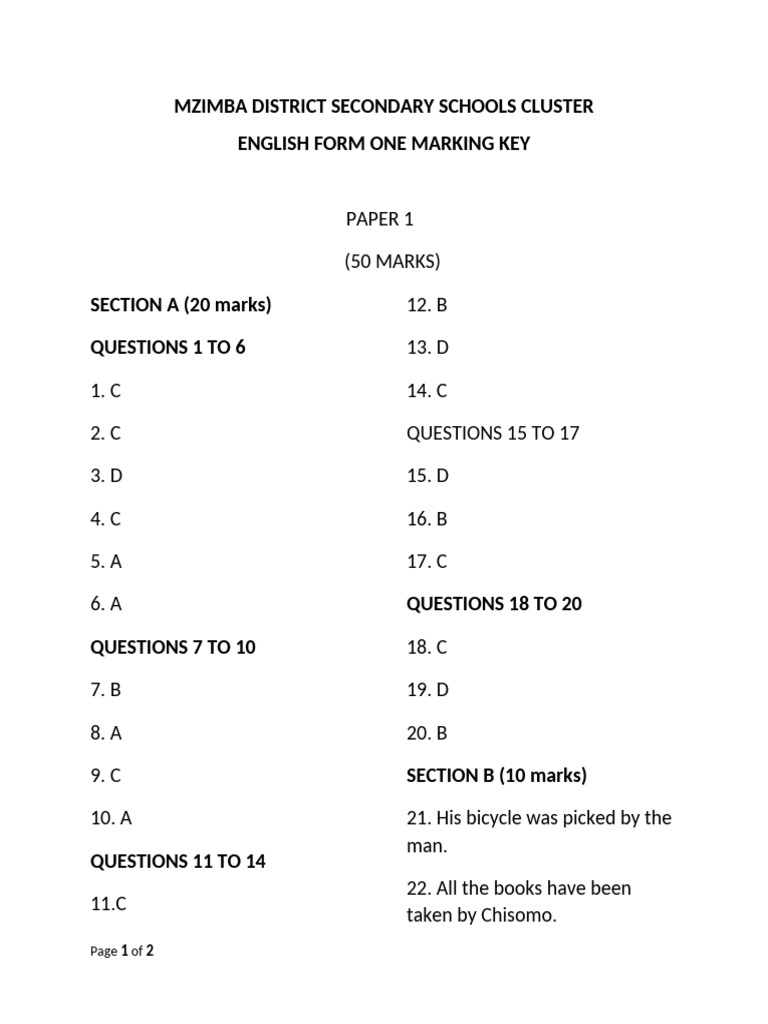 English Form 1 Paper1 Marking Key | PDF