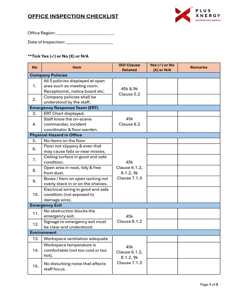 Office Inspection Checklist | PDF | Occupational Safety And Health ...