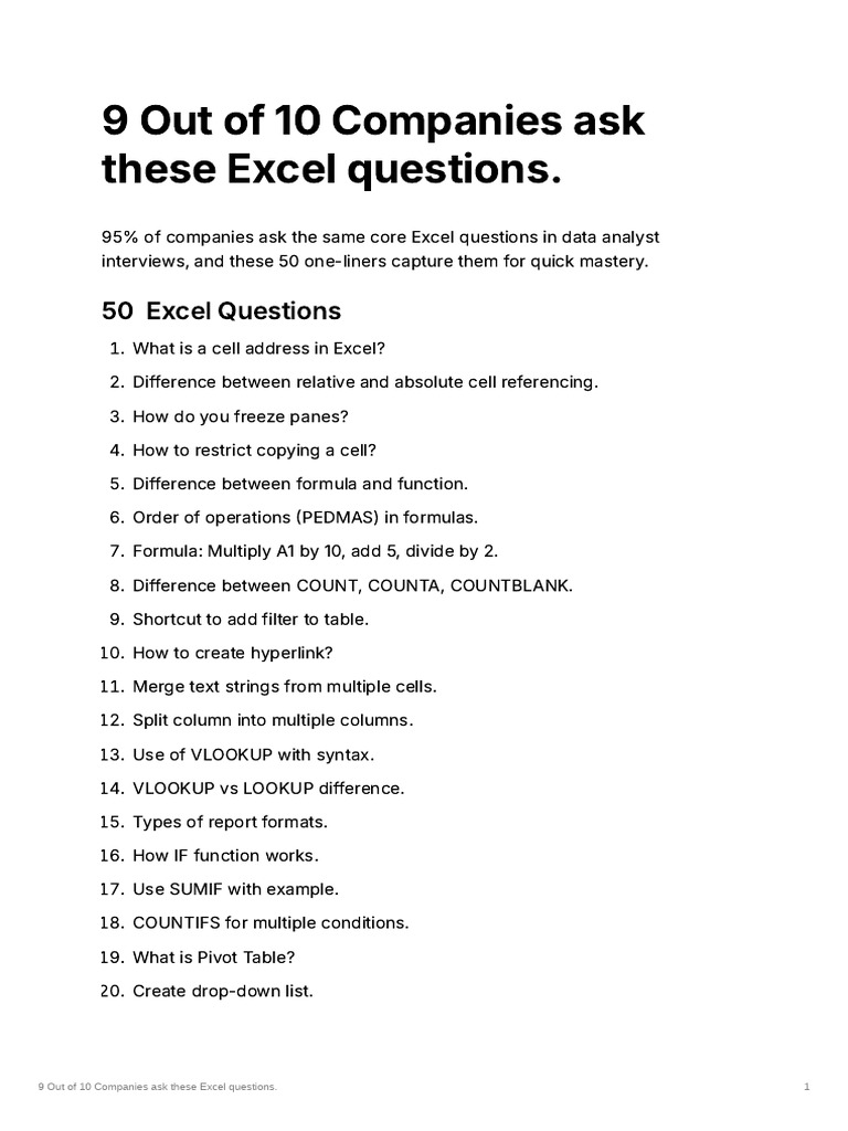 9 Out of 10 Companies Ask These Excel Questions. | PDF | Microsoft ...