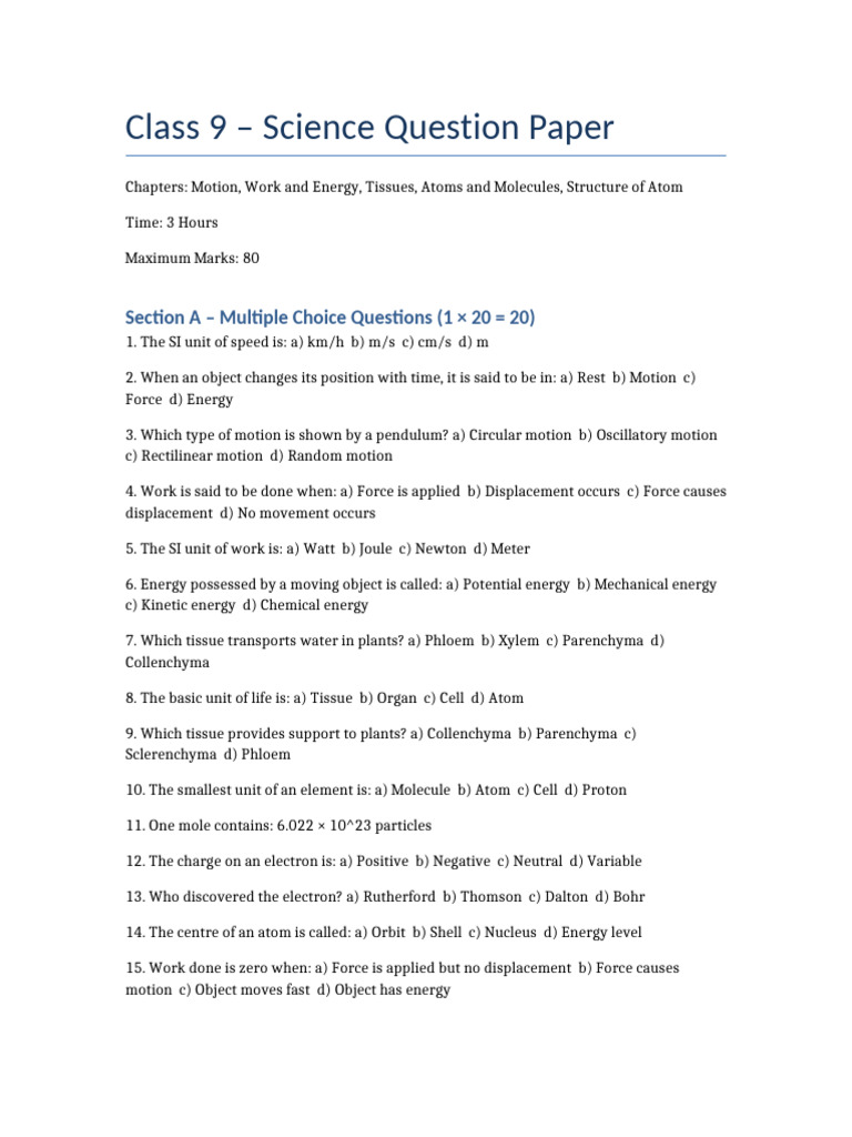 Class9 Science Question Paper | PDF | Atoms | Proton