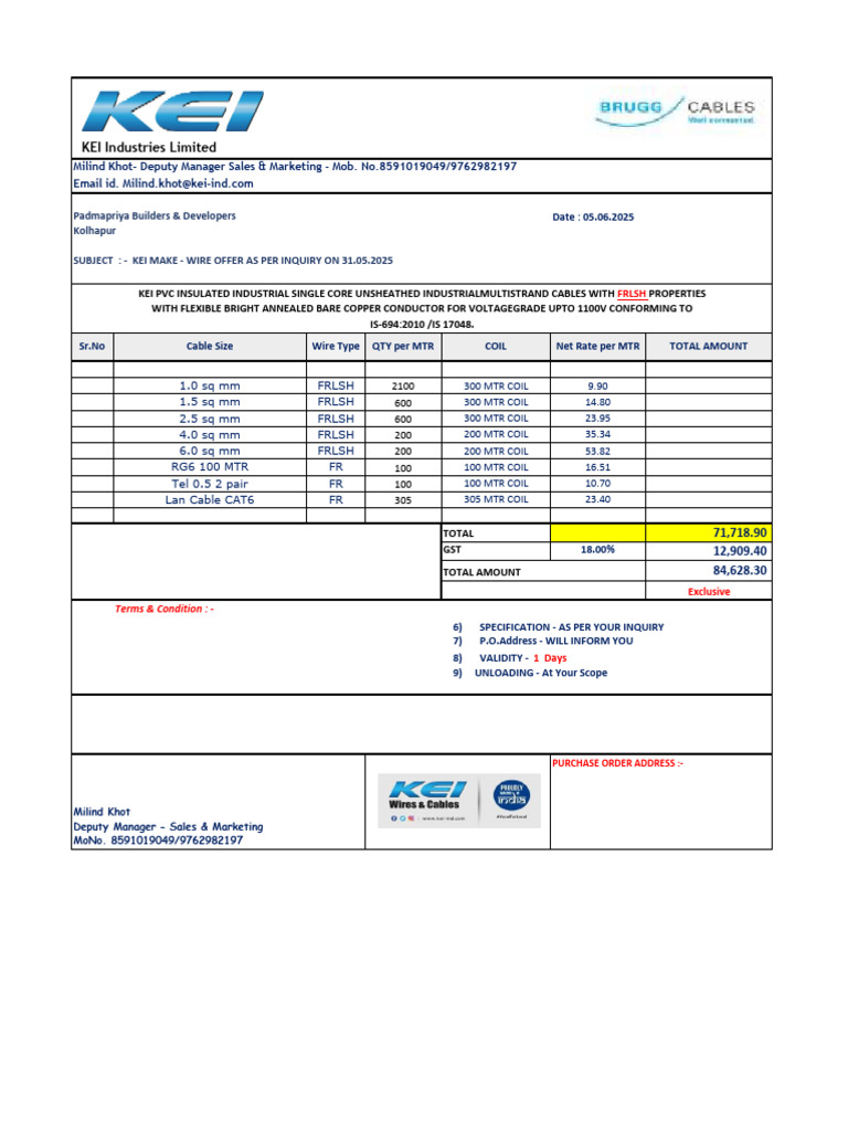 KEI Wire Quotation Final FRLSH-Padmapriya Builders & Developers | PDF ...