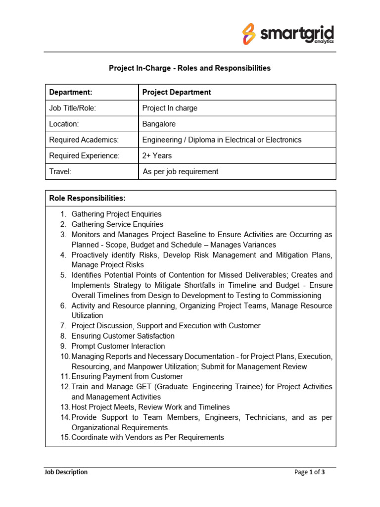 Project Incharge_JD 3 | PDF | Business