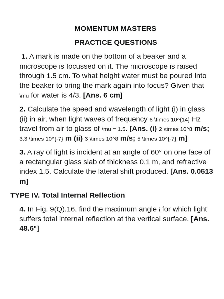 Practice Questions Class 12 Phy | PDF | Optics | Electromagnetic Radiation