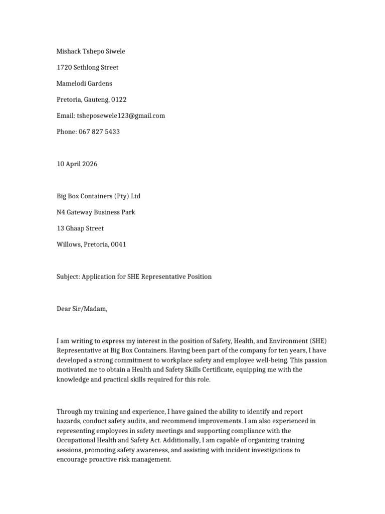 SHE Application Letter | PDF