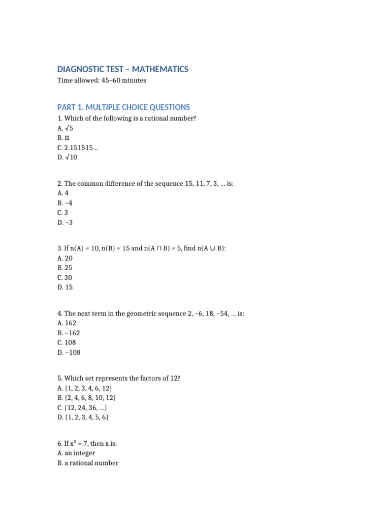Diagnostic Test Mathematics | PDF | Numbers | Rational Number