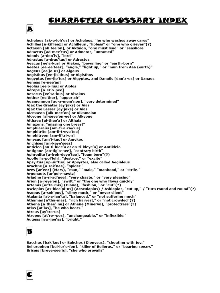 Character Glossary Index | PDF | Greek Mythology | Greek Deities